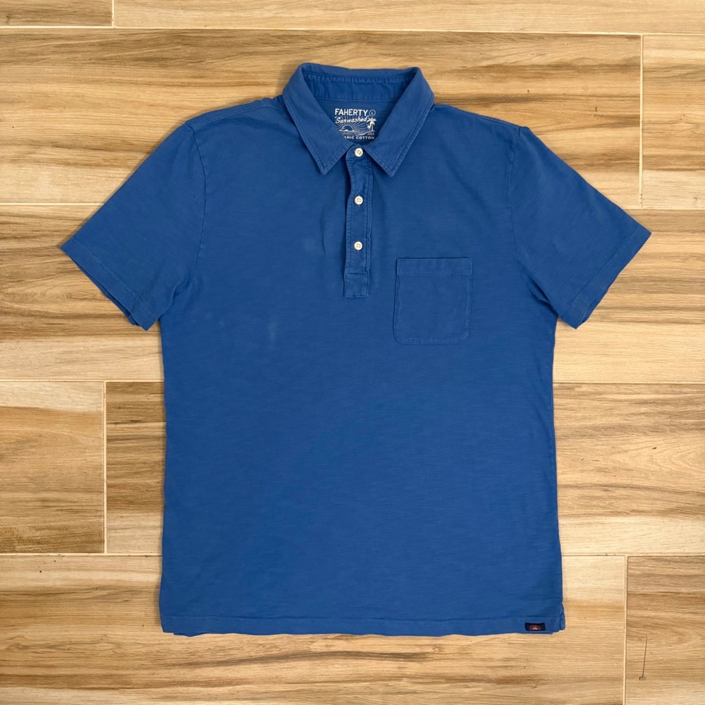 Faherty Sunwashed Organic Cotton Polo Shirt Blue Mens Large‎ Pocket Short Sleeve